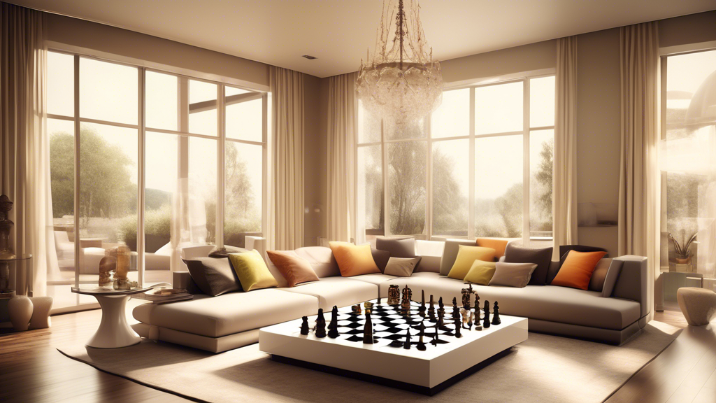 Create an image of an elegant and modern living room with a focus on an ornate chess set displayed prominently on a sleek, glass coffee table, bathed in natural light from large, floor-to-ceiling wind