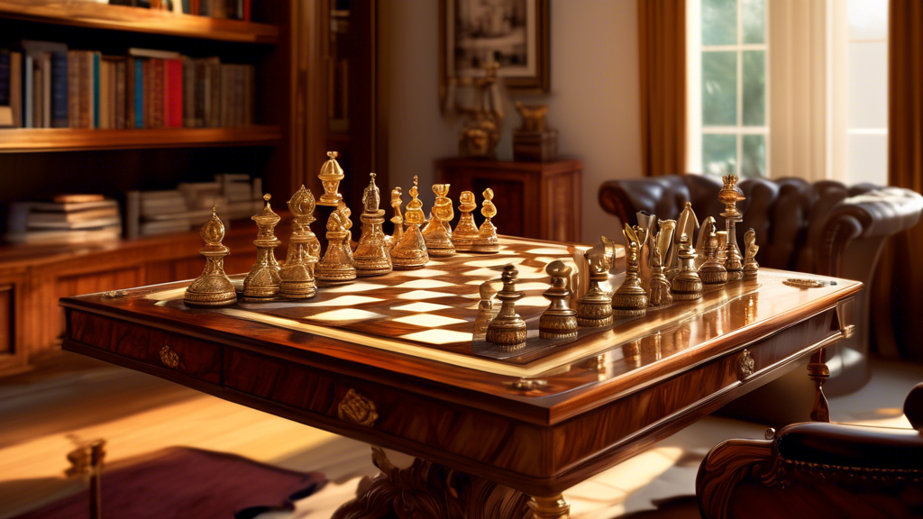 An elegant array of high-end chess sets displayed across a lavish wooden table, with various pieces carved from exotic woods and precious metals, showcasing intricate details and craftsmanship, set in