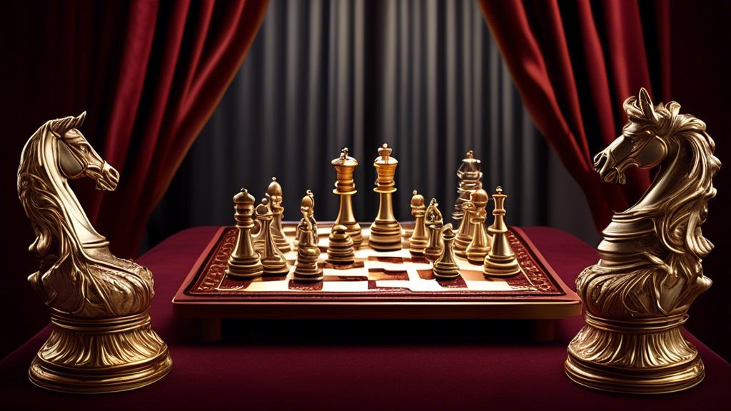 A luxurious chess set displayed on an ornate wooden table, featuring hand-caraffed gold and silver pieces, each with intricate details, set against a background of plush maroon velvet curtains; dim am