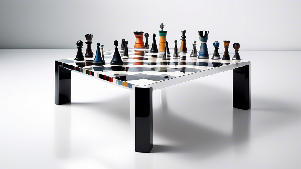 An elegant chess set displayed on a sleek, modern table, with pieces made of brushed silver and polished ebony, in a minimalist white room adorned with contemporary art.