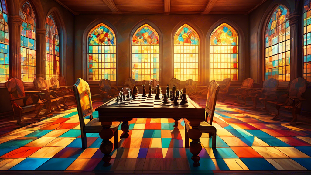 An old library with ancient chess books scattered around, a vintage wooden chess board set up in the middle of the room, with chess pieces carved to represent historical figures, sunlight filtering th