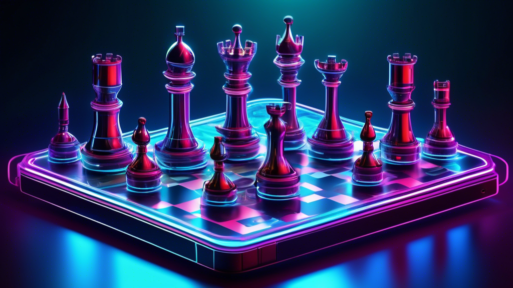 An imaginative digital artwork depicting a futuristic chess set with sleek, modular pieces, each with electronic interfaces, displayed on an illuminated board in a high-tech gaming environment.