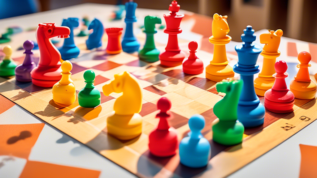 An array of the best educational chess sets displayed on a classroom table, with diverse students of various ages thoughtfully engaged in games, each chess piece labeled with tips and moves, in a brig