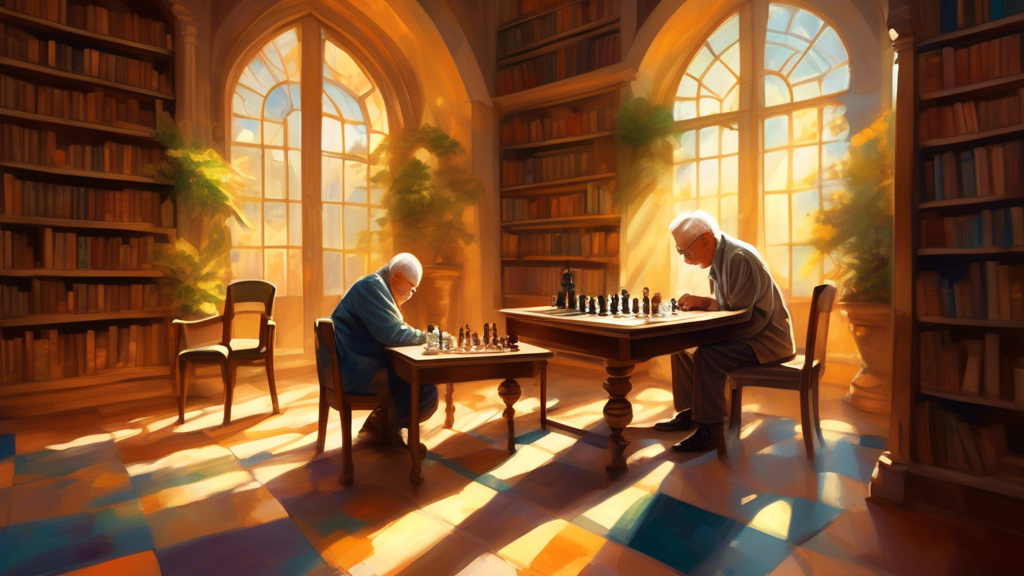 An imaginative painting of a young boy and an elderly man deeply focused on a game of chess in a sunlit, cozy corner of a vast, ancient library filled with books, with soft rays of light casting shado