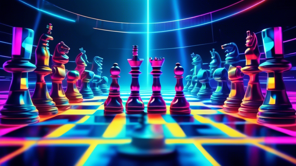 A futuristic chess board illuminated under a spotlight with holographic chess pieces, featuring a diverse group of young and elderly players engaging in a tournament, set in a high-tech, neon-lit aren