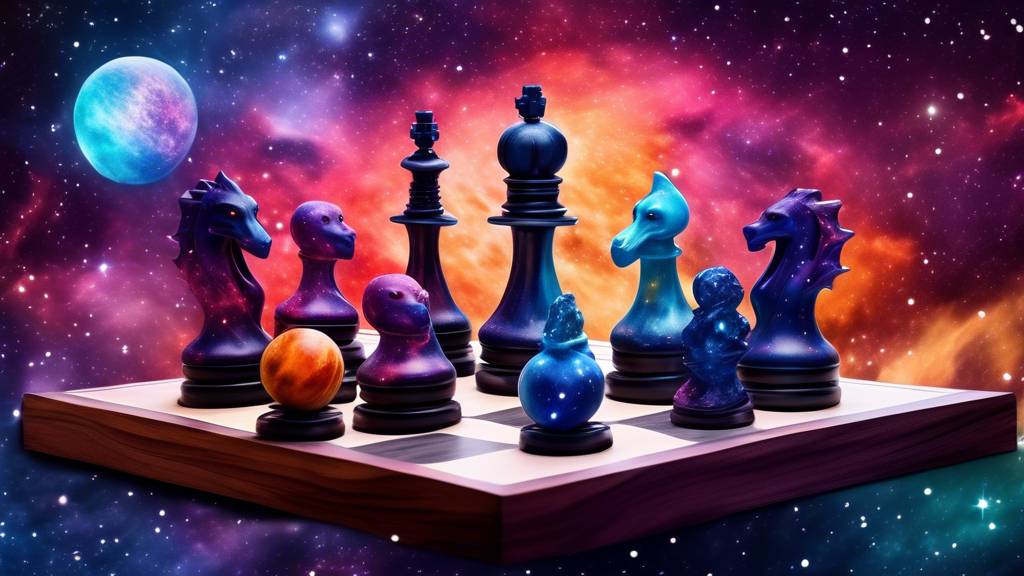 An artistically crafted chess set inspired by themes of the universe, featuring planets as chess pieces, with a nebula themed chessboard, displayed under a starry sky.