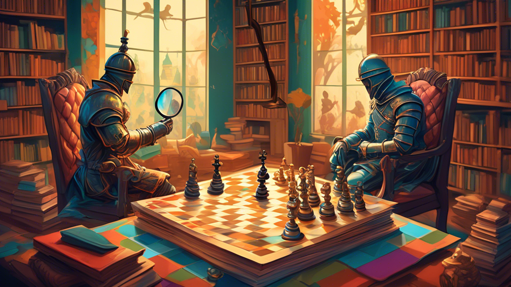 An intricate chessboard setup in a serene library, where all the knights are replaced by stacks of chess strategy books, with two players deeply focused on the game, one using a magnifying glass to st