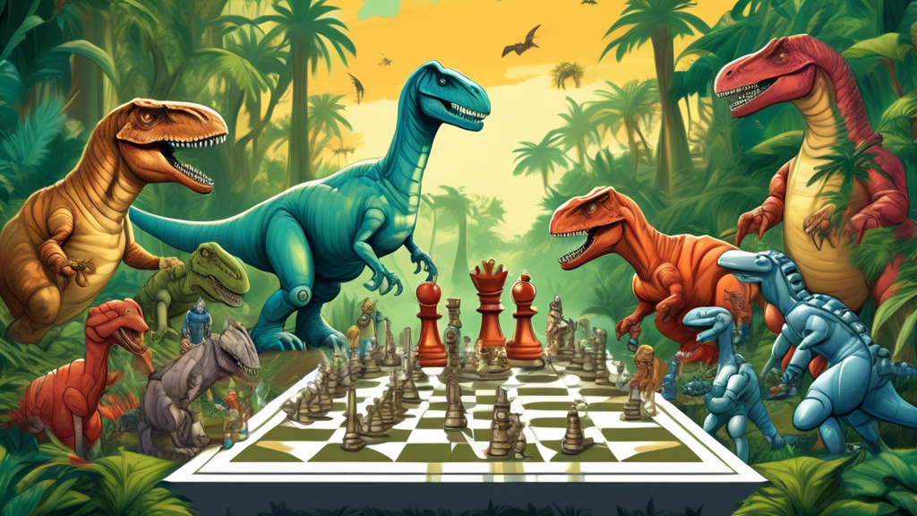 An imaginative scene of a giant chessboard set in a lush, prehistoric jungle where a T-Rex and an intelligent robot are playing chess, with various dinosaurs and futuristic robots watching eagerly.