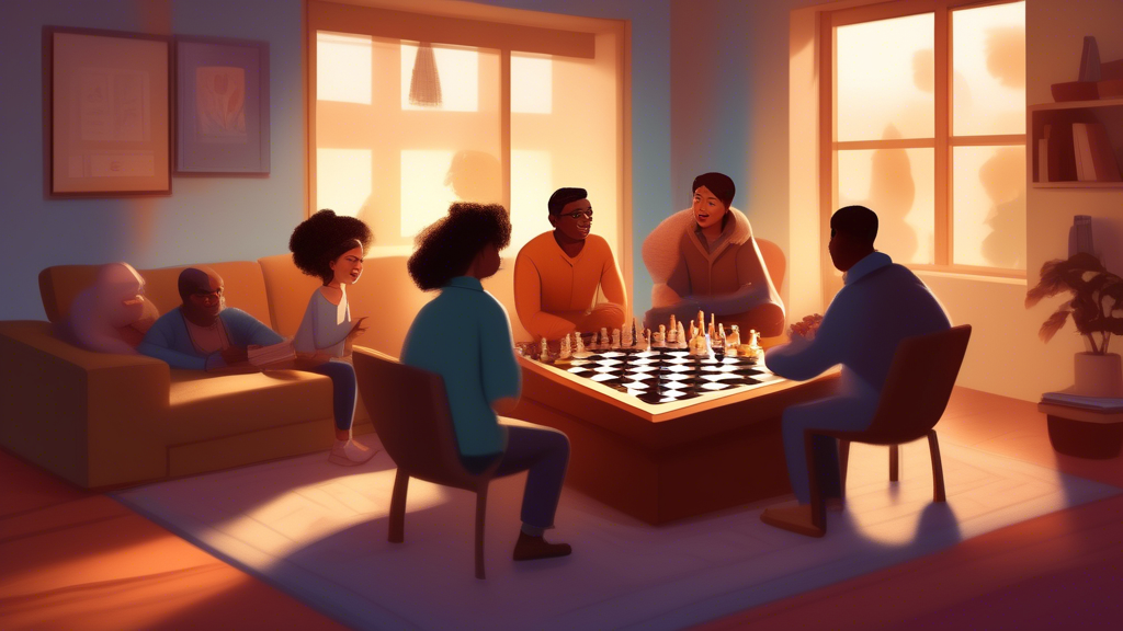 An animated scene of a diverse group of friends of different ethnicities gathered around a large chessboard in a cozy living room, strategizing and teaching each other moves, with chess books and note