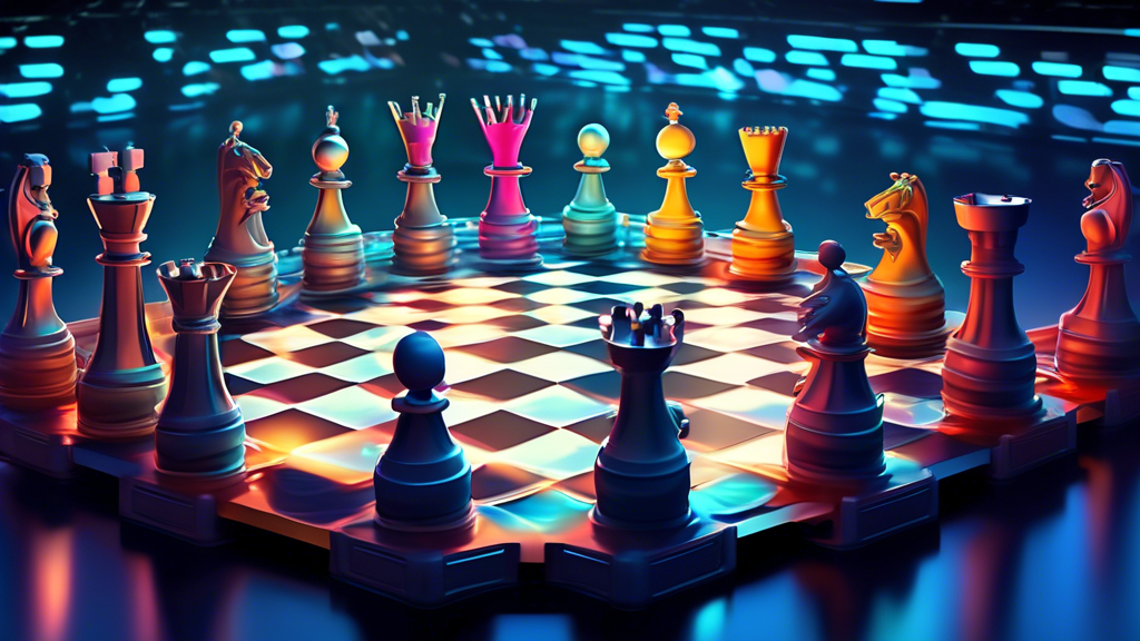 Portray a futuristic chess tournament where various advanced AI chess engines, visually represented as sleek, robotic figures, are competing on an illuminated, high-tech chessboard under the watchful 