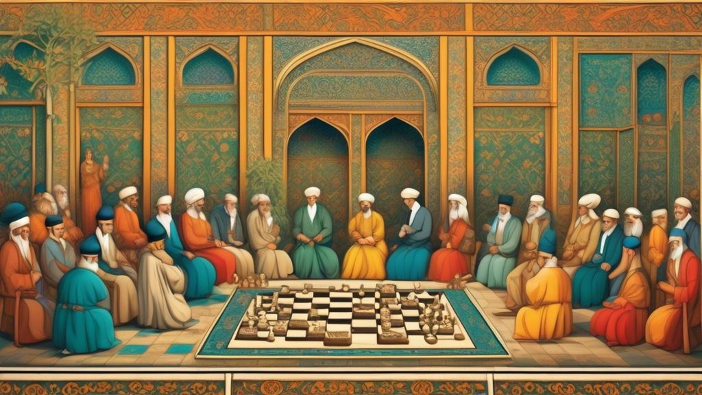 An ancient gathering in a Persian court, where intellectuals and royals are observed playing an early version of chess, with detailed hand-carved pieces and a simple board, against a backdrop of ornat