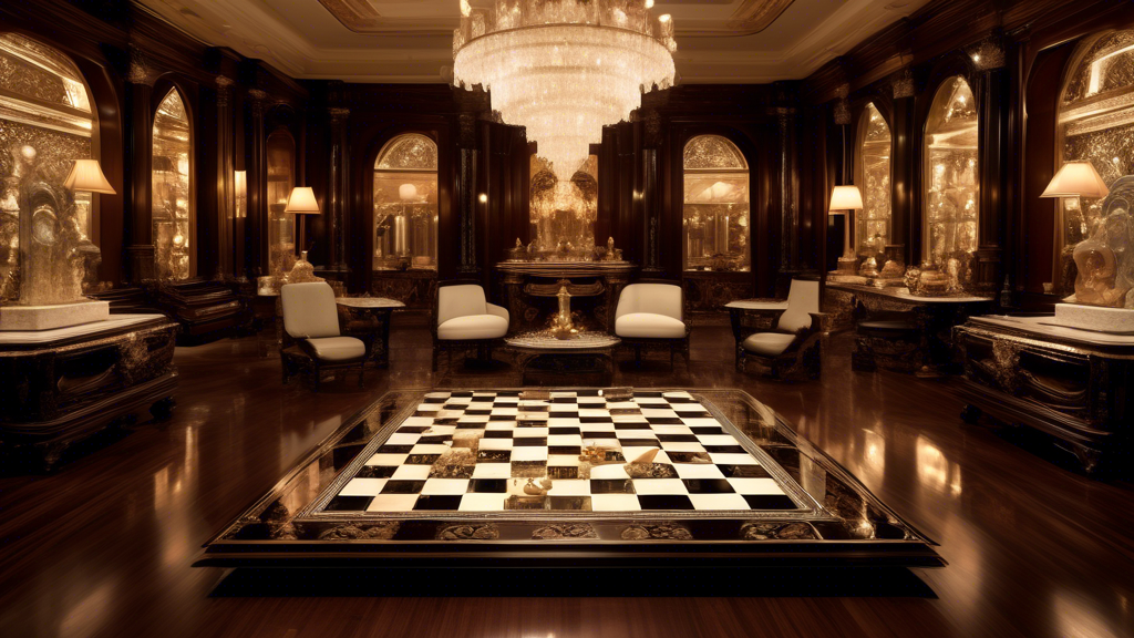 An elegant display of various luxury materials such as polished mahogany, smooth marble, finely carved ebony, and glistening mother-of-pearl, arranged thoughtfully on a grand chessboard, each featurin