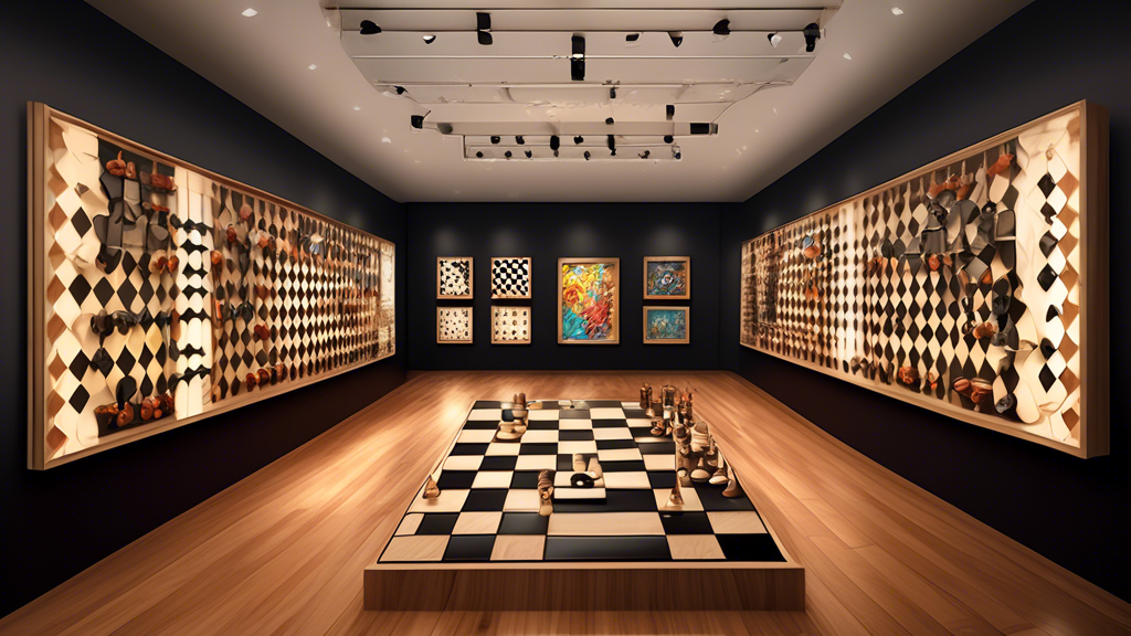 An array of elegant and conceptual chess board designs displayed in an art gallery setting, each board featuring different artistic themes and materials like glass, wood, and metal, illuminated under 