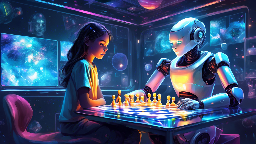 A digital painting of a humanoid robot and a young girl sitting at a futuristic, holographic chess board, deeply focused on a game, with the Earth visible in a window behind them in a space station se