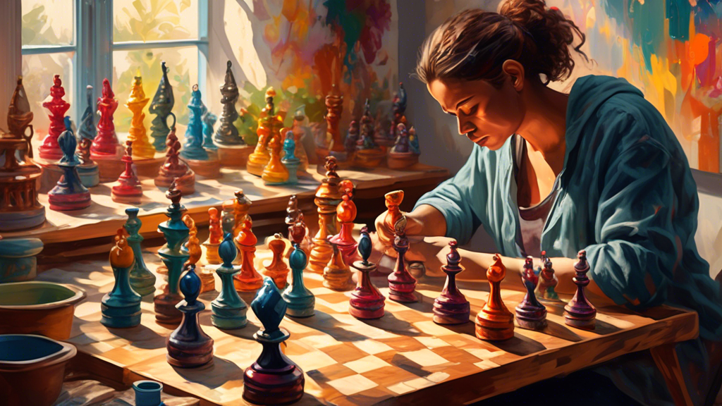 An artist meticulously painting intricate designs on a set of wooden chess pieces in a sunlit, cozy studio, surrounded by pots of colorful paint and fine brushes, with finished ornate chess pieces dis