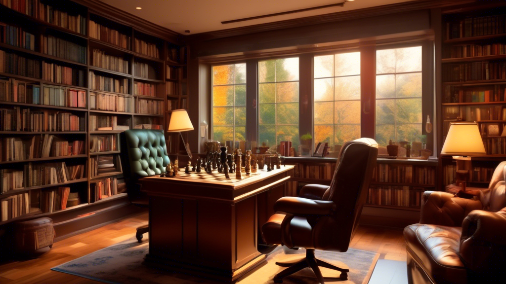 A cozy study room with a large wooden desk covered in various chess DVDs, a digital chess board, and a laptop showcasing a chess tutorial video. The room has bookshelves filled with chess books and me