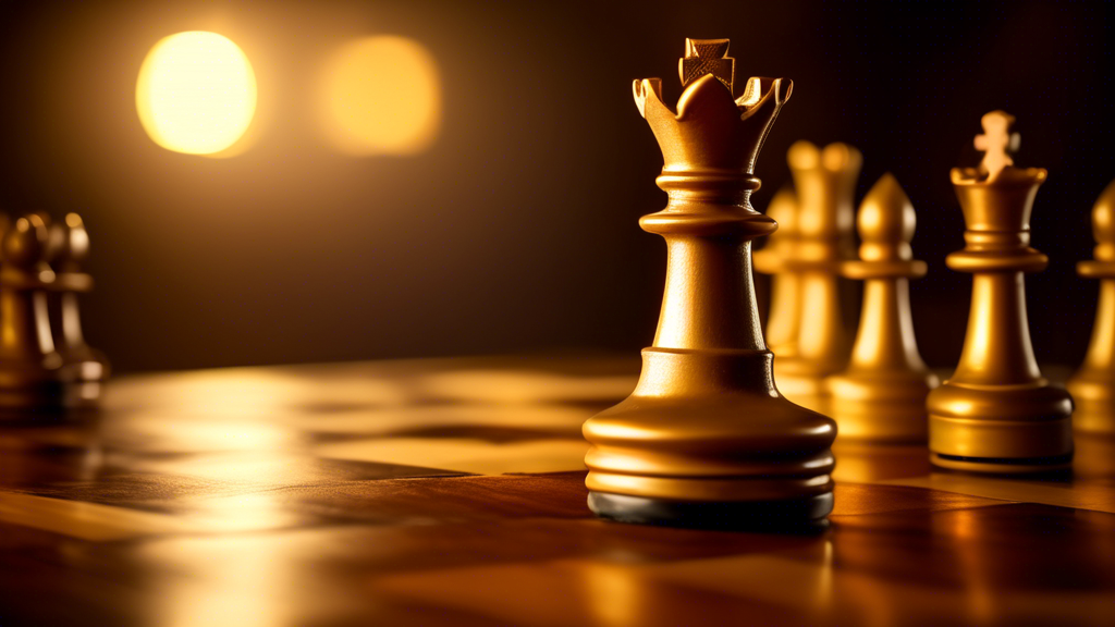 A majestic, golden king chess piece standing tall on a beautifully carved wooden chess board, with soft-focus pieces in the background representing a strategic game in session, under a spotlight that 