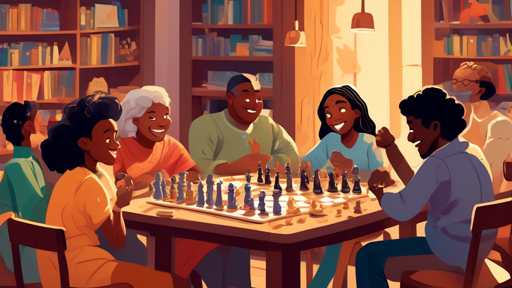 An illustrated scene of diverse people of various ages and ethnicities seated around a table, smiling and playing a chess-inspired card game, with cards featuring chess pieces like kings, queens, and 