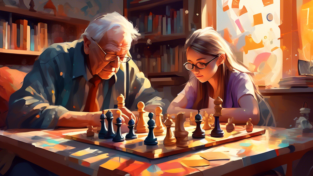 A digital painting of a young girl and an elderly man deeply focused on playing chess in a cozy, sunlit room filled with books, a chess clock between them, with abstract symbols of math, music notes, 