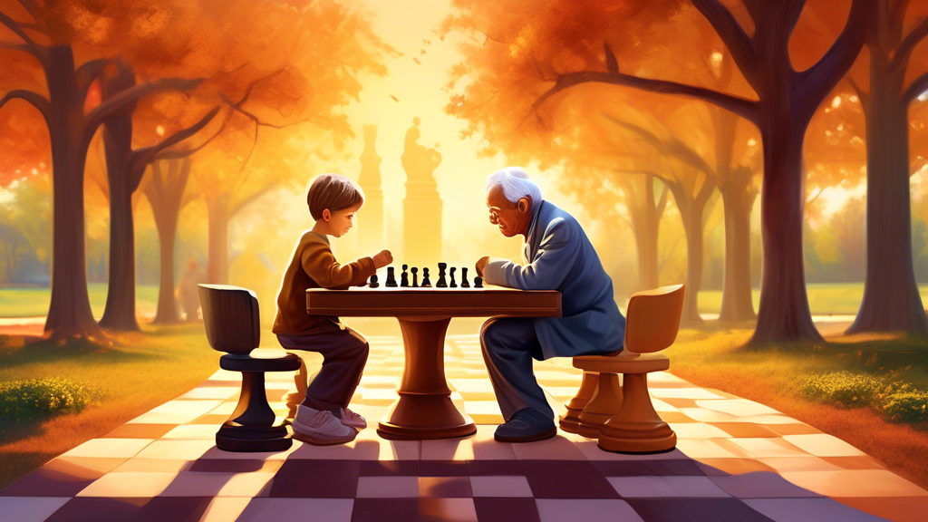 Digital illustration of a young child and an elderly chess master sitting at a chess table in a sunlit park, exchanging moves on an ornate wooden chessboard, with the scene transitioning from vivid sp