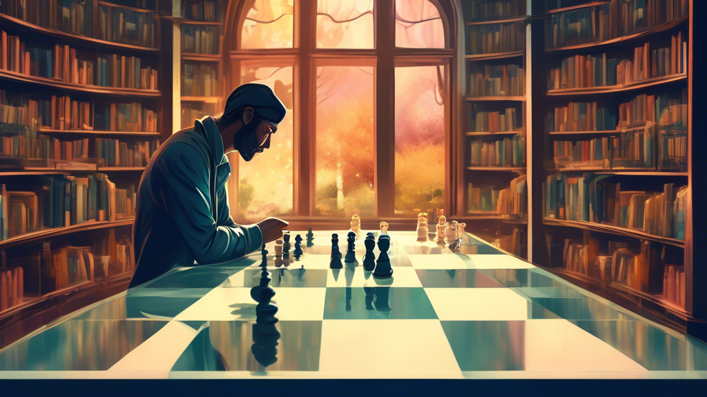 An artistic representation of a single person playing chess against their mirrored image, both sides deep in thought, surrounded by a serene and tranquil library setting with books and soft lighting.