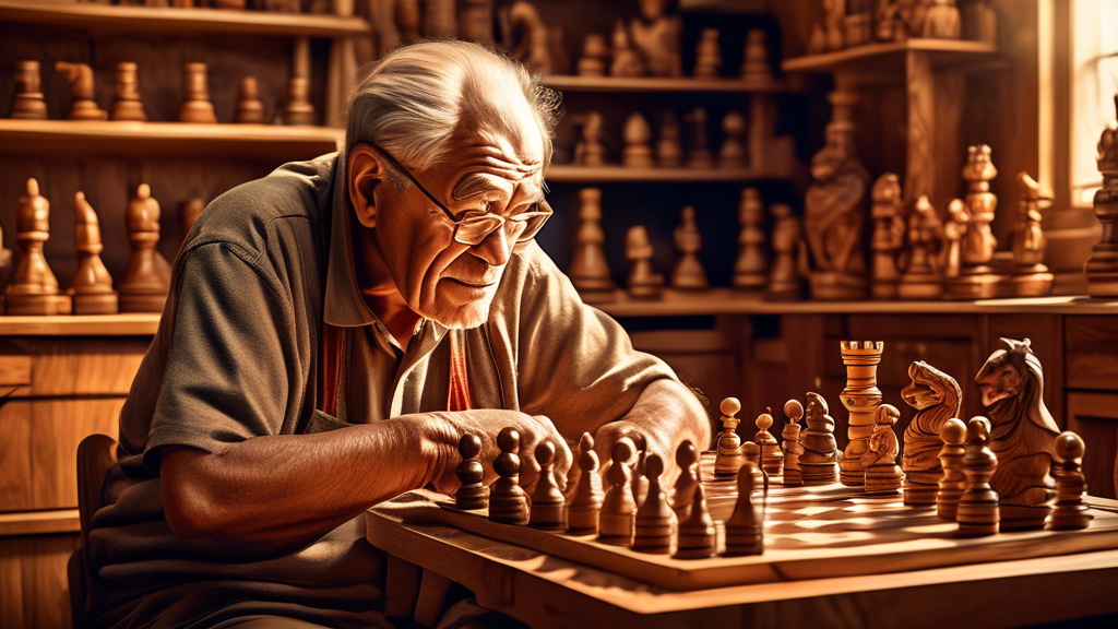 Create a detailed image of an elderly craftsman in a sunlit workshop, intricately carving chess pieces from wood, with shelves of various exotic woods in the background, and finished chess sets displa