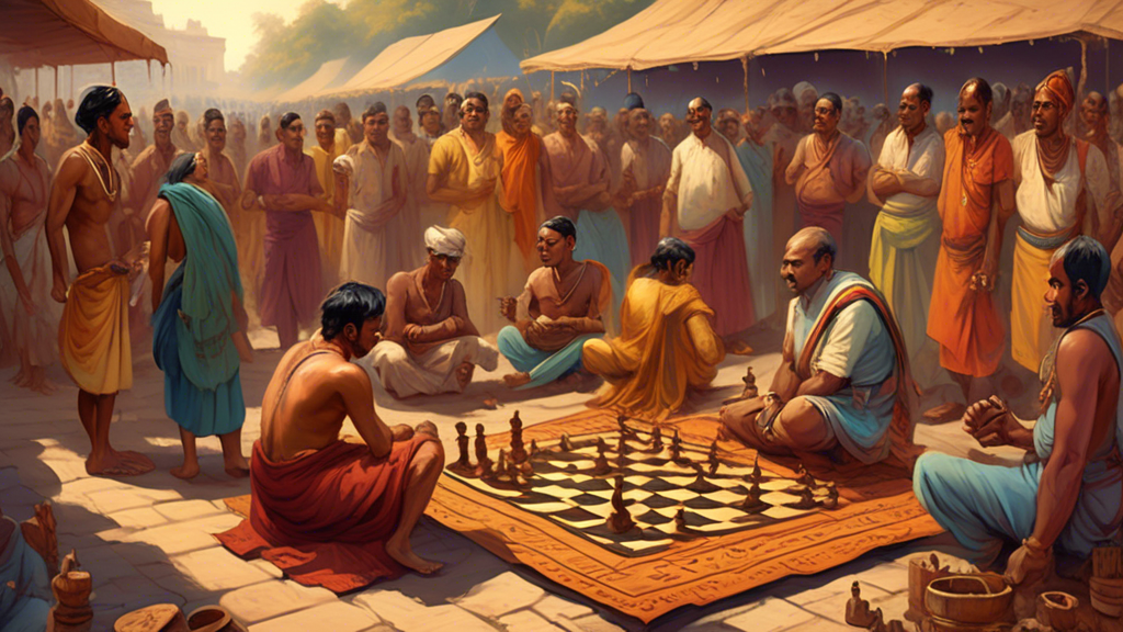 An ancient Indian marketplace bustling with people during the Gupta Empire, where two scholars are seated on a woven mat, deeply engrossed in playing Chaturanga, the precursor to modern chess, with ca