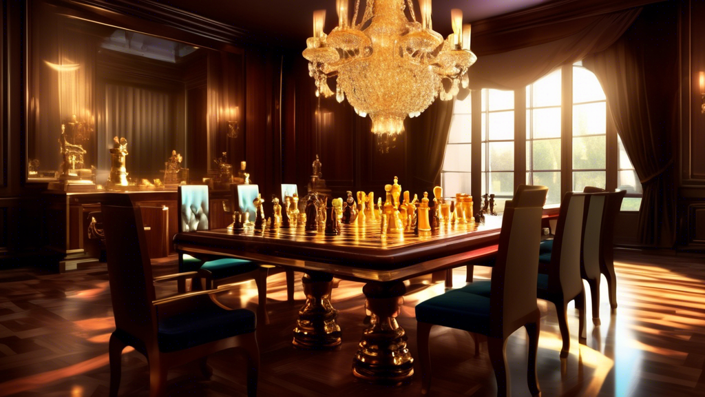 An opulent room with a large mahogany table, on which rests an exquisite, handcrafted chess set made of gold and ebony, illuminated by the soft glow of a crystal chandelier.