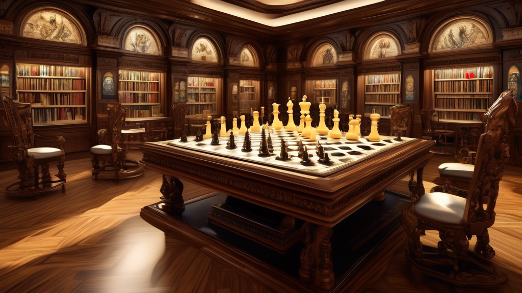 Create an intricate digital artwork of a grand, well-lit library filled with shelves of historical chess books and elegant glass display cases showcasing a variety of chess sets from top manufacturers