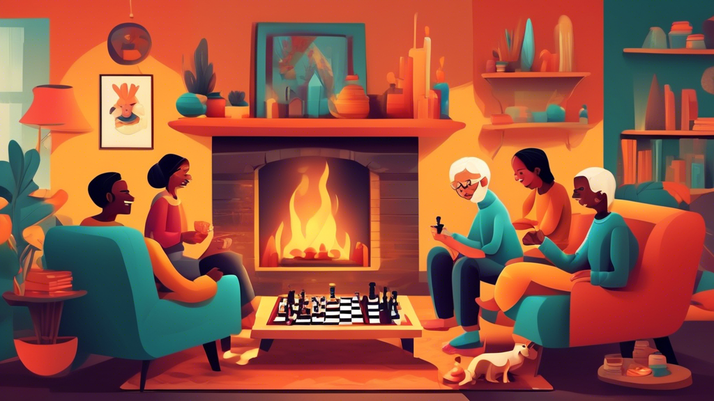 Cozy living room setting with a group of diverse people of various ages, laughing and playing chess by a warm fireplace, with snacks on the side table and a dog lying nearby.