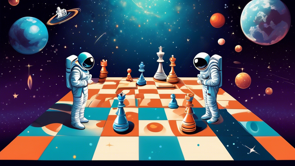 An illustration of a three-dimensional chess board with floating pieces, set against a backdrop of outer space, showing planets and stars, while two astronauts in sleek, futuristic suits ponder their 