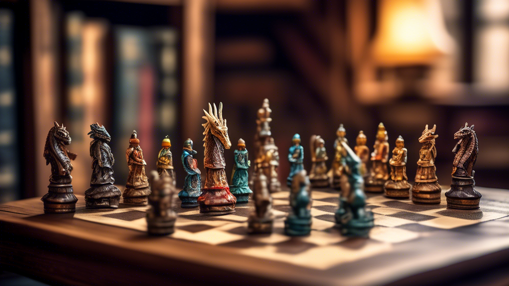 An intricate decorative chess set displayed on a rustic wooden table, each piece a miniature work of art, reflecting themes from medieval fantasy with dragons, knights, and castles, set against a soft