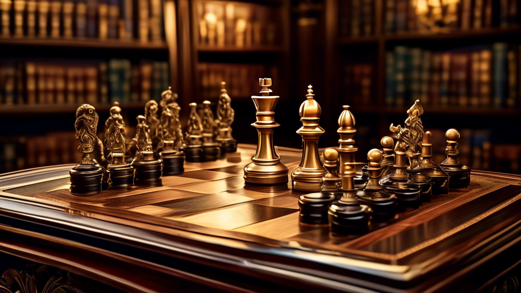 An opulent chess set crafted from ebony and gold, arranged on a polished mahogany table, with intricate carvings and luxurious details, set against the backdrop of a dimly lit, vintage library with le