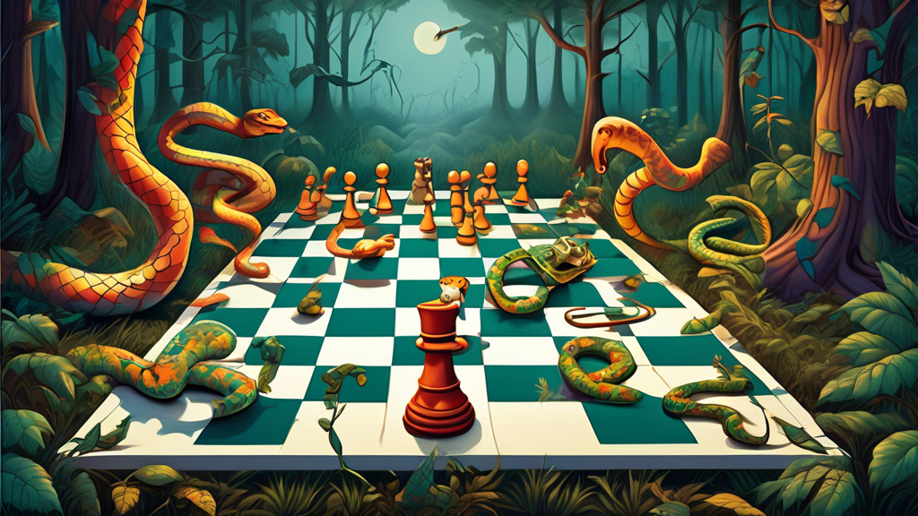 An imaginative chessboard integrated with a snakes and ladders game, where each square depicts a mini-battle between a chess piece and a snake, set in a mystical forest clearing. The scene includes th