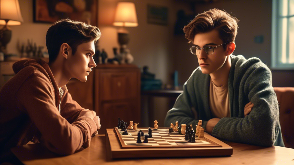 Two young adults sitting in a cozy, well-lit room, intensely focused while playing chess on a classic wooden board placed on a small table between them, with a vintage-style computer in the background