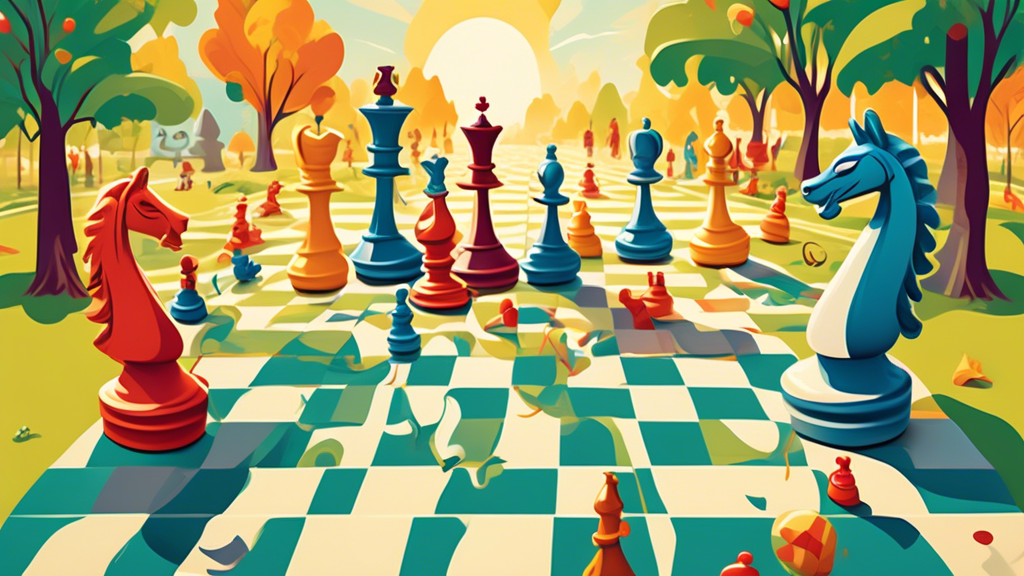 An imaginative chessboard set in a vibrant park scene, where each chess piece is whimsically brought to life, interacting joyfully with diverse people of all ages and backgrounds, each discovering the