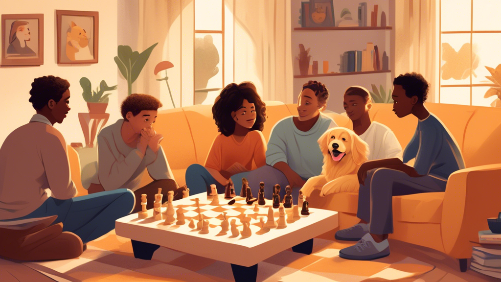 An illustrated digital book cover showing a diverse group of friends of different ages and ethnic backgrounds sitting around a giant chessboard in a cozy living room, with each person pondering a move