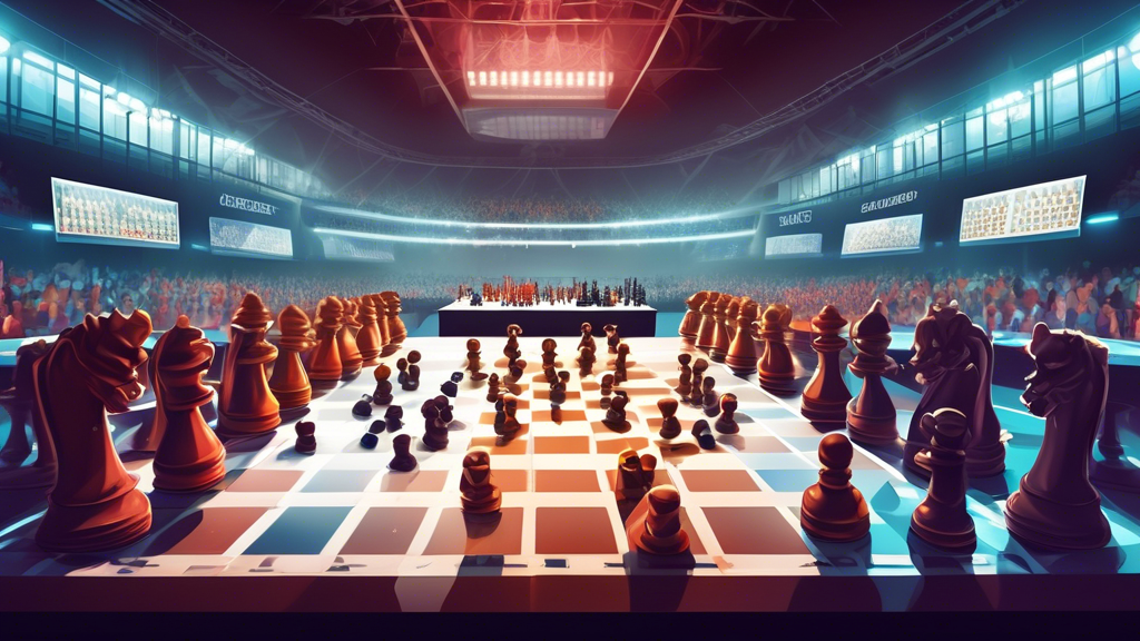 An intense chess match in a grand stadium filled with spectators, with players in athletic gear and a large digital scoreboard displaying the ongoing game, highlighting the sportive atmosphere of a ch