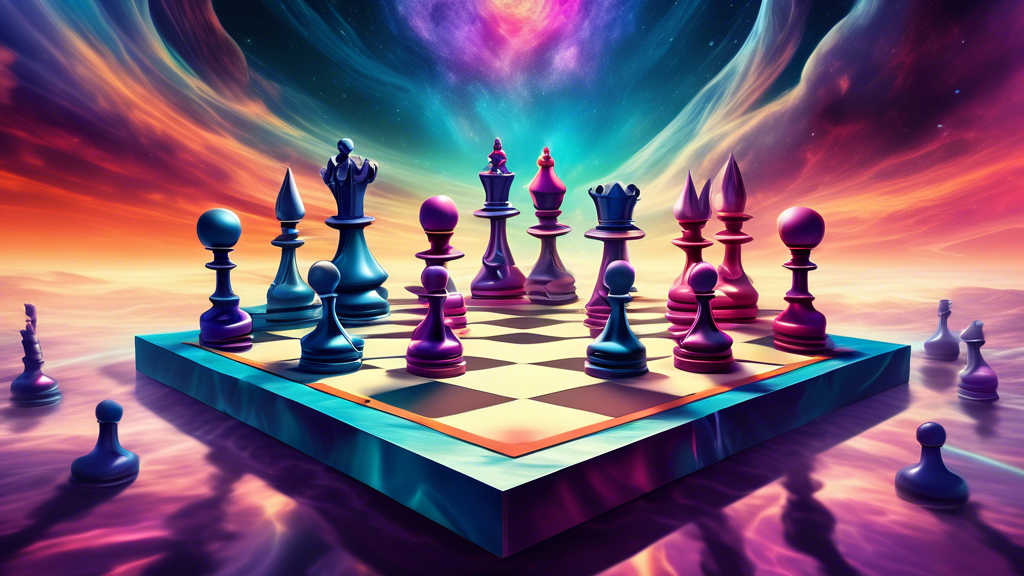 An artistic depiction of a futuristic, twisted chessboard where the pieces defy gravity, floating elegantly above an otherworldly landscape. Each chess piece is intricately designed with elements that