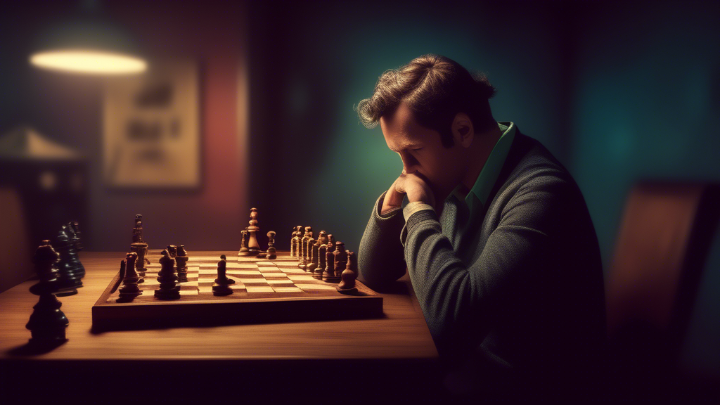 An illustration of a chess player sitting at a wooden table, deeply stressed and surrounded by scattered chess pieces, with a large, ominous chess clock looming in the background, in a dimly lit, vint