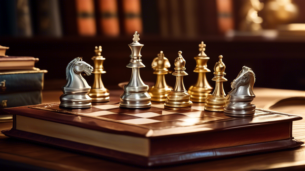 An elegant chess set on a wooden table under soft lighting, with pieces crafted from gold and silver, set against a backdrop of leather-bound books and a vintage clock, emphasizing luxury and value.