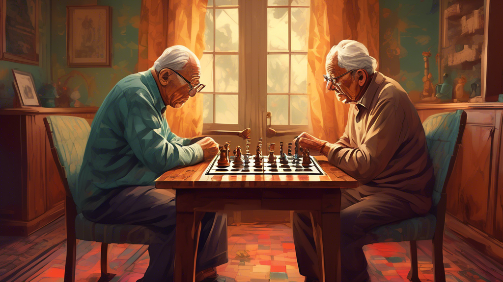 An intricate chessboard set up at a critical endgame moment between two determined elderly players, with possible draw outcomes like stalemate and perpetual check visually highlighted, set in a cozy v