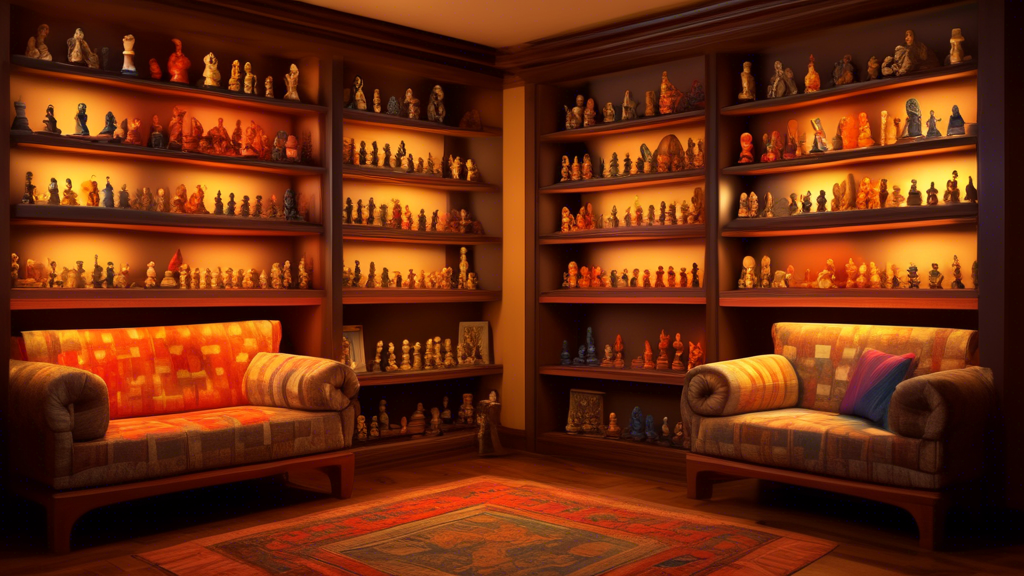 A cozy reading nook with a collection of various themed chess sets displayed on wooden shelves, each set uniquely designed to represent different historical eras and popular cultures, illuminated by s