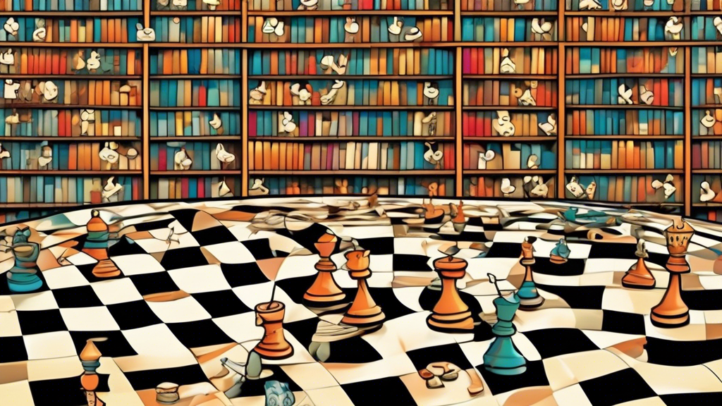 An imaginative artwork depicting a whimsical chessboard seamlessly transitioning into a checkers board, set in a serene library with crossword puzzles scattered around, highlighting the theme of strat