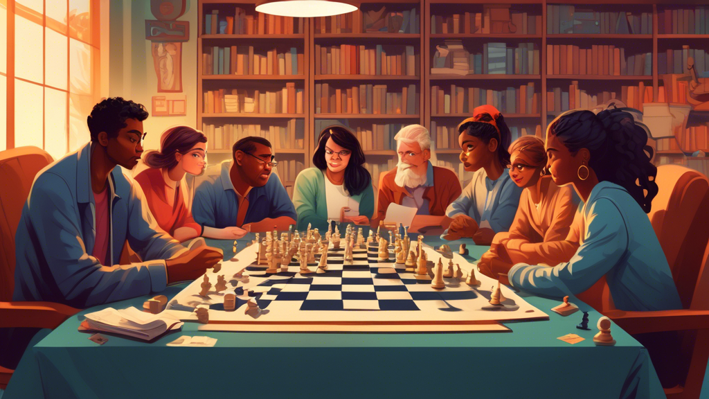 An illustrated scene with a diverse group of people sitting around a large table, deeply focused on a giant, chess-themed crossword puzzle. The background shows a wall filled with chess and bridge tou