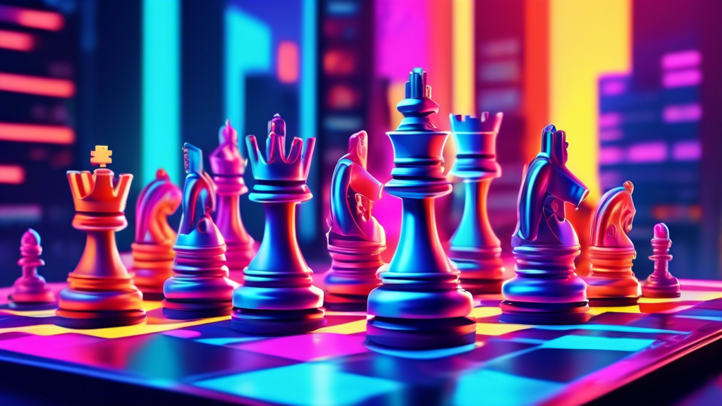 An innovative digital chessboard set in a futuristic cityscape, with holographic chess pieces, surrounded by diverse players young and old, engaged in a lively game under neon lights.