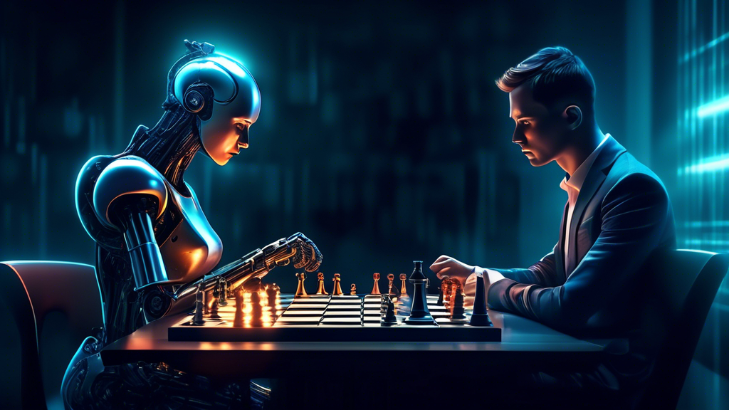 An intense chess match between a focused human player with a determined expression and a sleek, advanced AI robot, depicted in a futuristic, dimly-lit room illuminated only by the glow of the chessboa