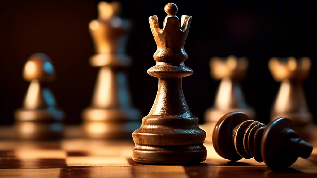 A close-up image of a single, elegantly weighted chess piece, a knight, positioned centrally on an antique wooden chessboard, under soft, warm lighting to highlight its crafted details and shadow, wit