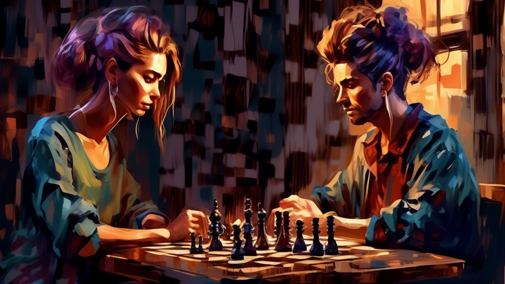 An imaginative digital painting of a person with two distinct sets of hairstyles and outfits, sitting across from themselves at a rustic wooden table, deeply engaged in a game of chess in a cozy, diml