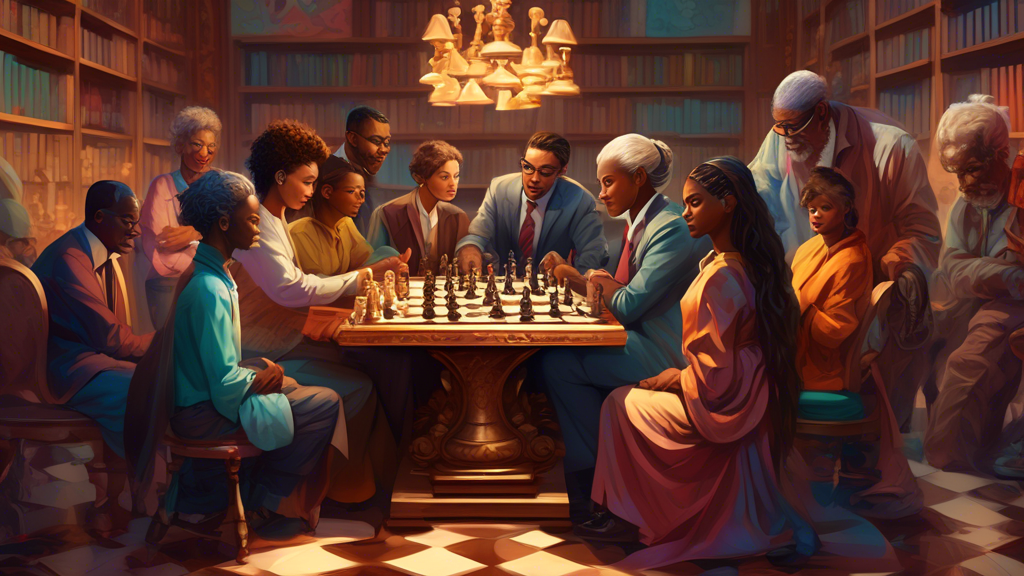 An artistic depiction of diverse people of different ages and ethnicities sitting around a large, ornate chess board, deeply focused and strategizing, with a digital scoreboard in the background displ